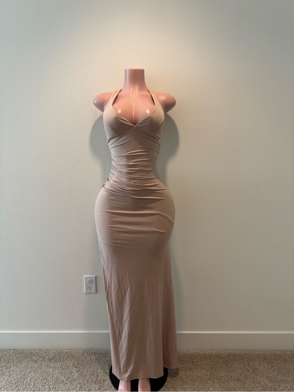Windsor Nude Halter Ruched Maxi Dress